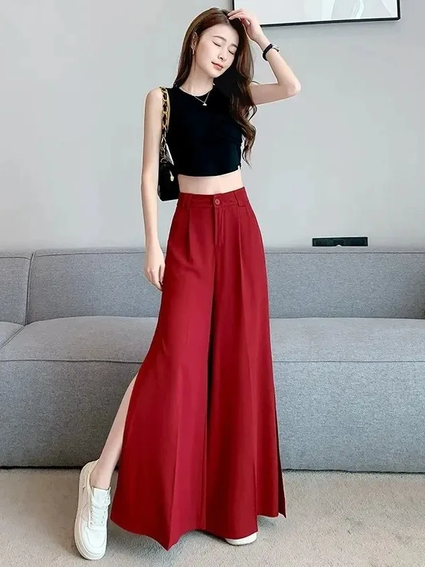 Summer Thin New Style Elegant Slit Drape Design Wide Leg Pants Women Casual Pants Long Slimming Versatile Trousers