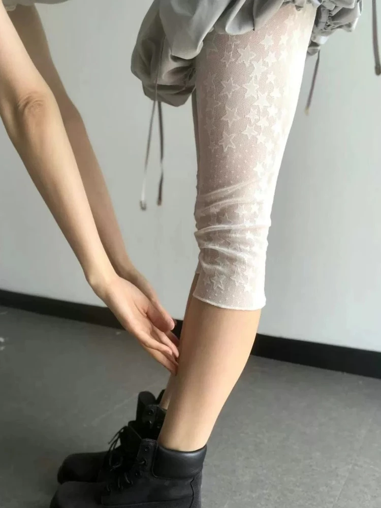 Retro Japanese Style Millennium Star Embroidered Lace Elastic Ladies 7/8 Length Base Layer Pants High Waist Casual Fit