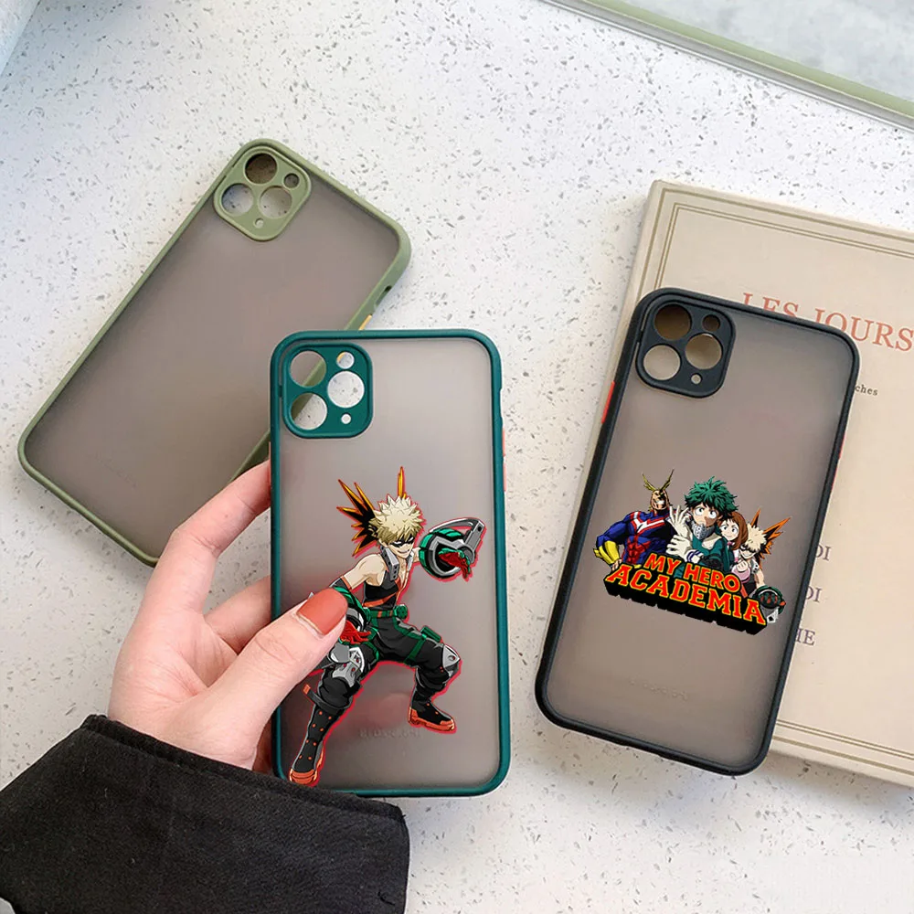 Frosted Translucent Phone Case For iPhone 16 15 14 Pro Max 7 8 Plus 11 12 13 X XSMax My Hero Academia Midoriya-Izuku Black Cover