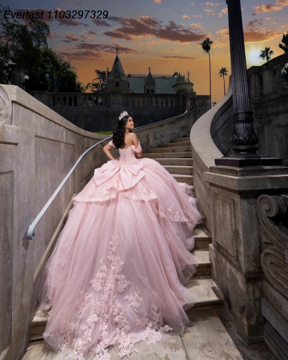 EVLAST Customized Pink Quinceanera Dress Ball Gown Lace Applique Beaded Bow Mexico Corset Sweet 16 Vestido De 15 Anos QD1136
