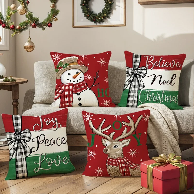 

Christmas Pillow Covers 45x45cm Set of 4 Christmas Snowman Reindeer Throw Pillows Cases for Xmas Winter Home Decoration