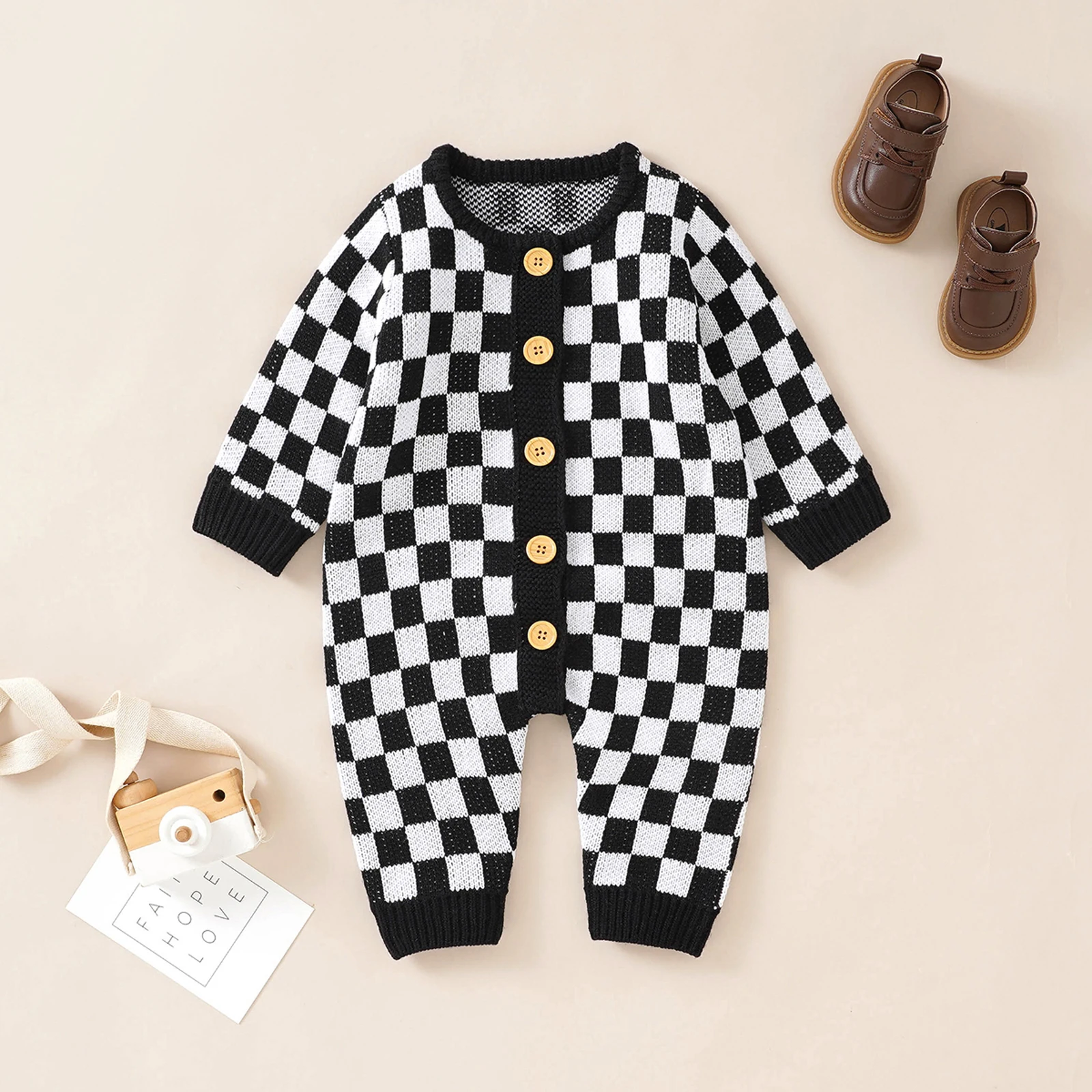 Infant Baby Girl Boy Knitted Sweater Romper Jumpsuit Checkerboard Plaid Print Long Sleeve Button Down Bodysuit Playsuits Clothes