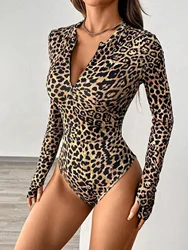 Long Sleeve Sexy Bodycon Women Bodysuits Autumn Leopard Print One-pieces Bodysuit Half Zipper V Neck Tops Casual Street Bodice