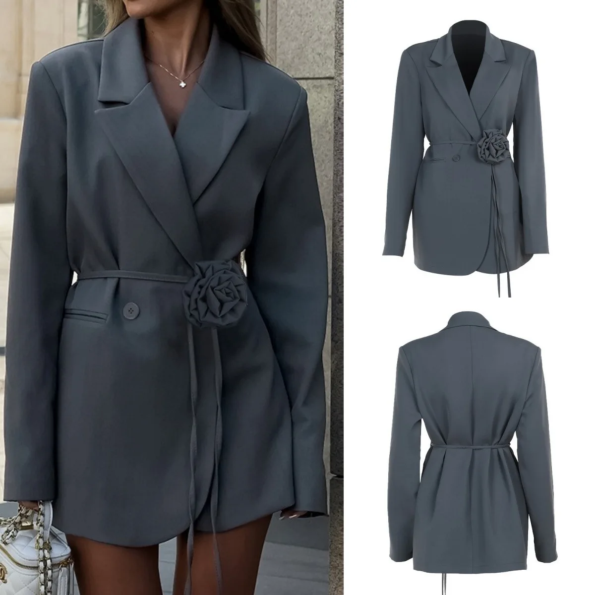 

Весенние модные пиджаки с цветочным поясом, офисные женские свободные пиджаки с карманами, пальто с длинными рукавами, однотонный повседневный пиджак с карманами в стиле ретро