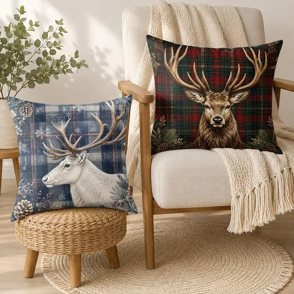 Tartan Stag Portraits Cushion Cover Soft Plush Cushion Case Throw Pillowcase Cozy Home Sofa Bed Living Room Bedroom Decor