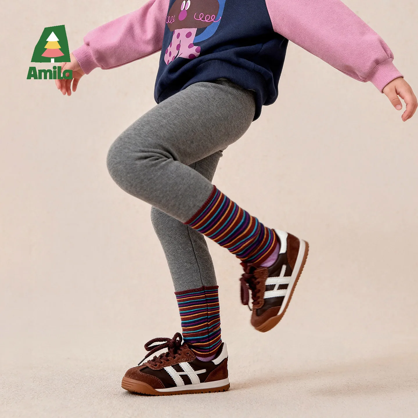 Amila 2026 Autumn New Kids Leggings Color Block Stripe Ribbed Simple High Elastic Waist Comfortable Long Pants