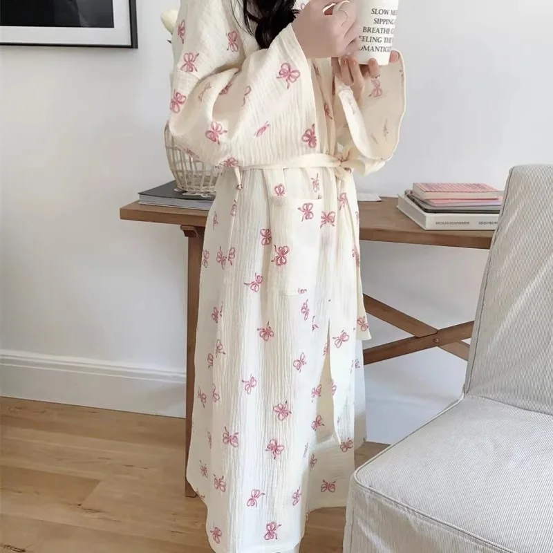 New Women's Spring and Autumn Pajamas, Simple and Comfortable Robe, Pink Bow, Casual, Breathable, Loose Home Wear Nightgown