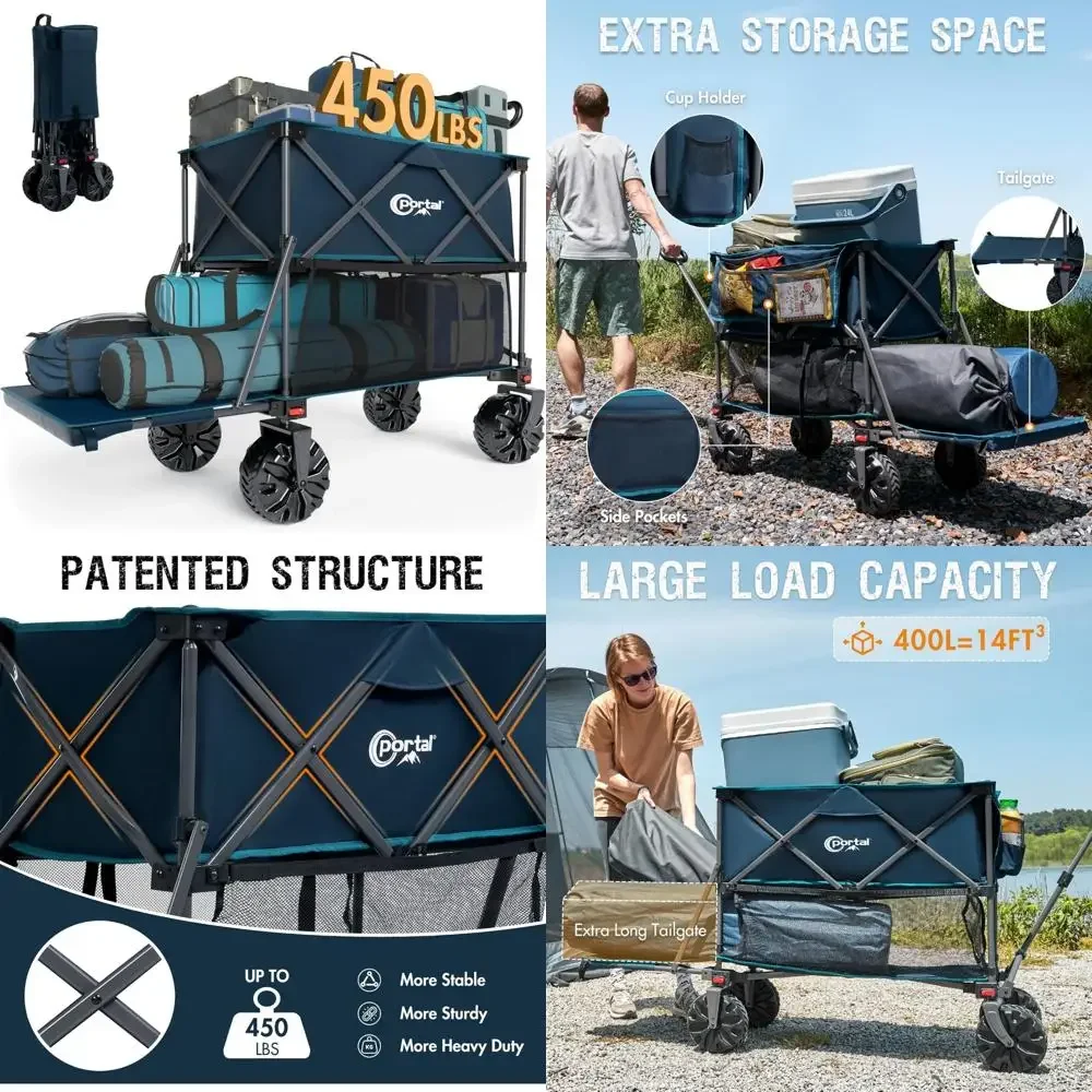 

Collapsible Double Decker Utility Wagon with Tailgate, Heavy-Duty Folding Cart for Beach and Outdoor Use, Supports Up to 450LB