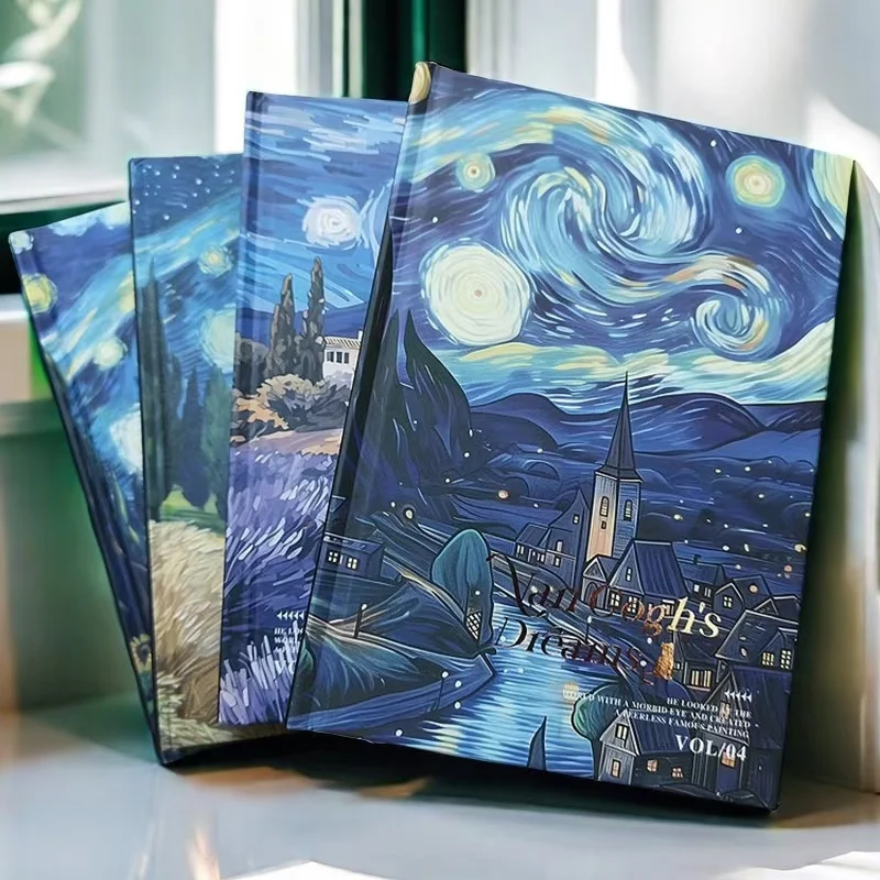 Van Gogh's Dream Starry Sky Notebook Full Color Page Fun Cartoon Kitten Illustration Diary 146 Pages Thickened Notepad