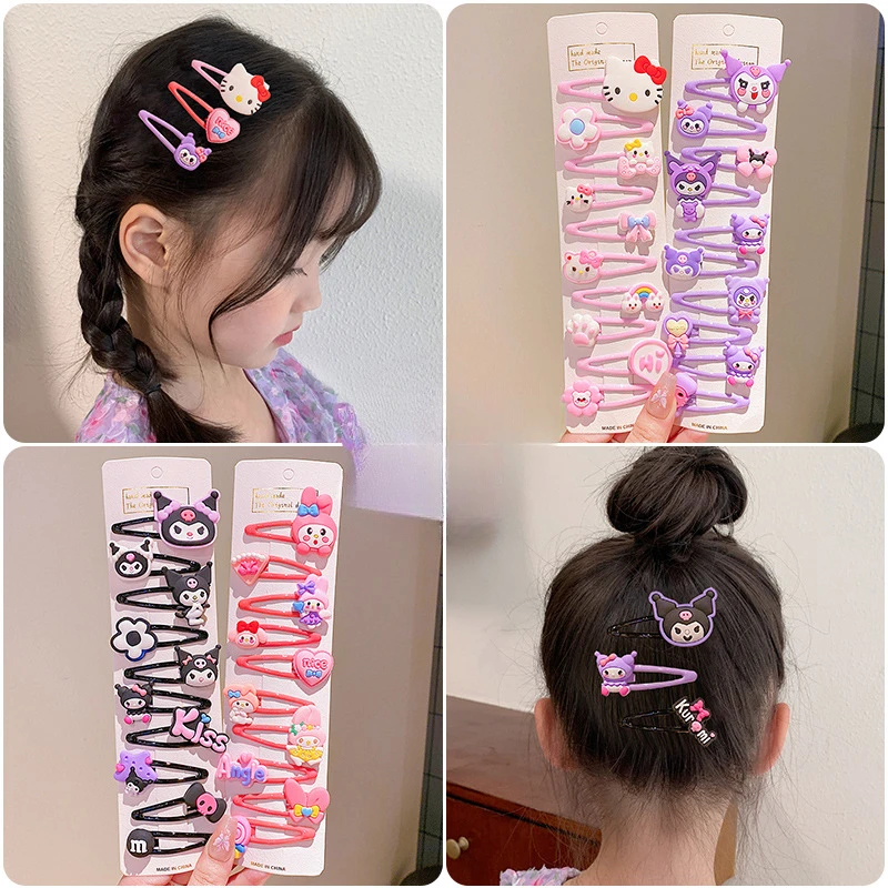 

10 шт., заколка для волос Sanrio, милый мультяшный набор диадемов «Hello Kitty Kuromi MyMelody», милые браслеты для девочек, новые студенческие заколки Kawaii