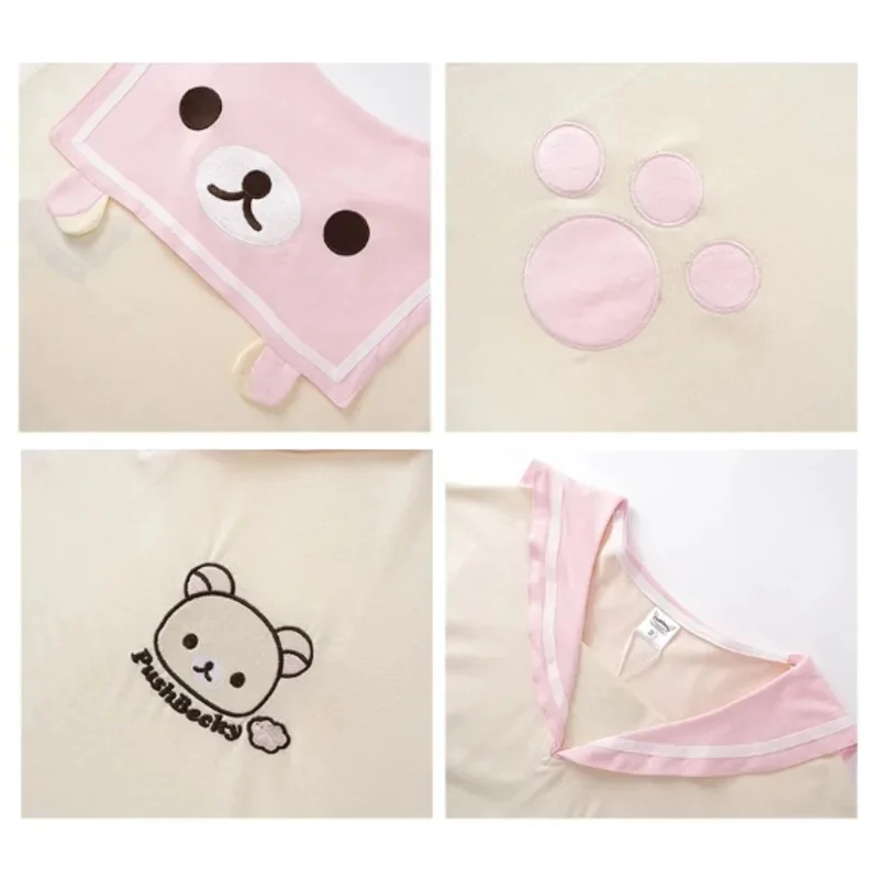 Rilakkuma Embroidered Sailor Uniform Japanese Kawaii Girl Sailor Uniform Fashion Cotton Short-Sleeved T-Shirt Casual Loose Top