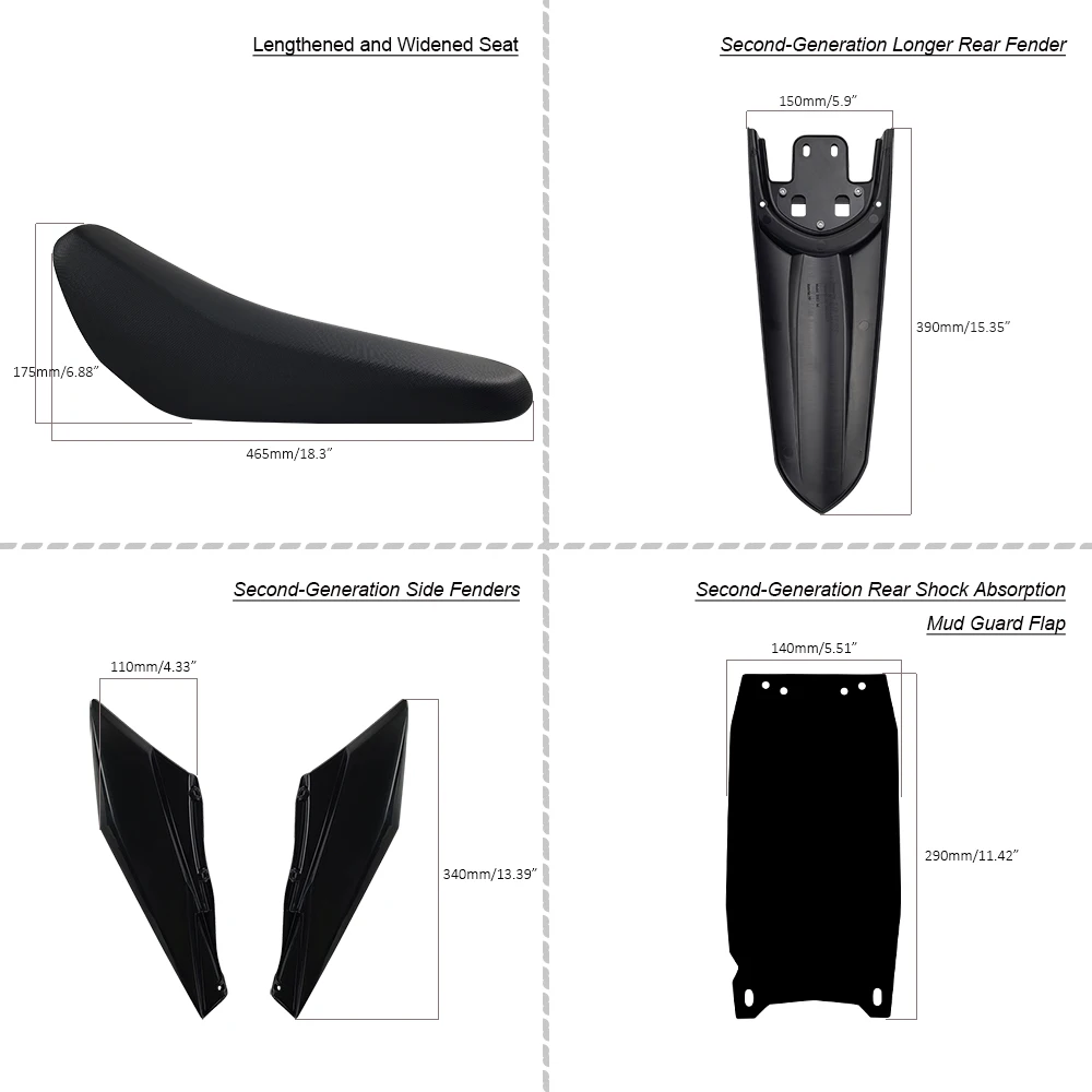 Kunststoffset der zweiten Generation, passend für Light Bee X und S. Modifizierter Sattel, hinterer Kotflügel, hinterer Seitenspatflügel und hinten