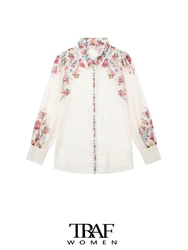 TRAF-Women's Floral Print Shirts, Semi Sheer, Long Sleeve, Button-up Tops, Female Blouses, Chic Fashion