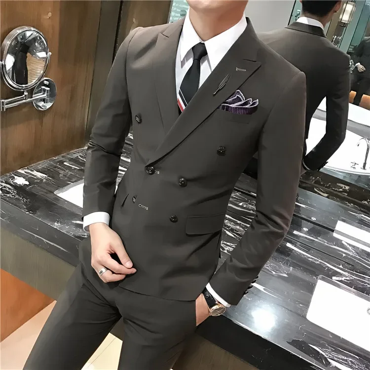 Traje de tres piezas para hombre, traje de negocios coreano ajustado de doble botón, color sólido, ligero, vestido de padrino de boda