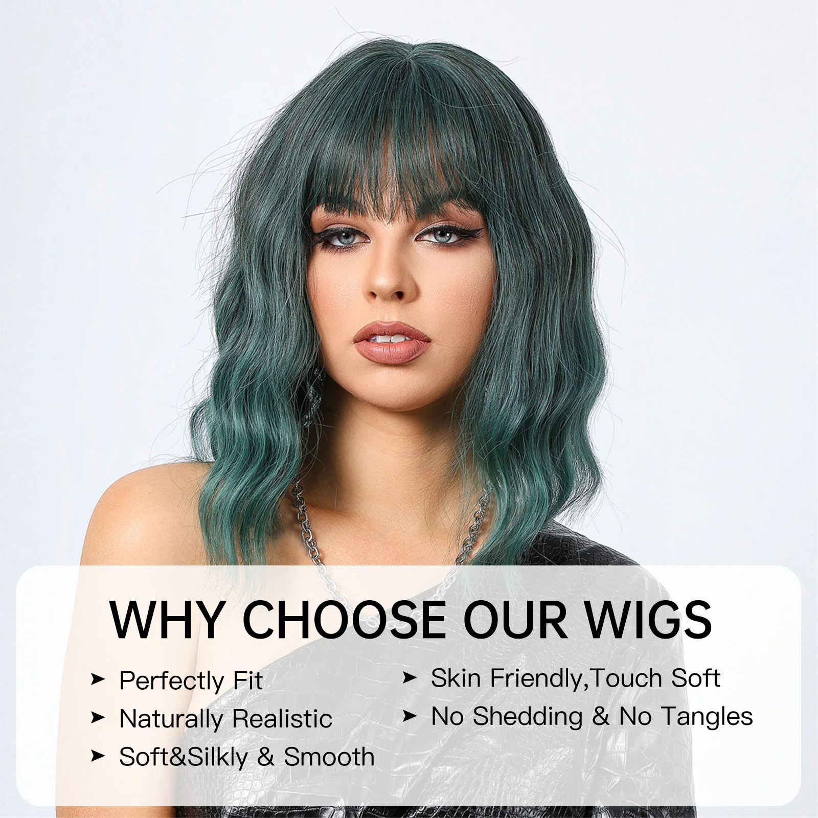 Blackish Green Ombre Synthetic Wigs Short Wavy Bob Wig with Bangs for Women Colorful Cosplay Party Natural Hair Heat Resistant