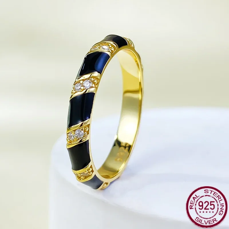 New high-end black and white enamel striped ring 925 silver girl fashionable couple ring gift jewelry