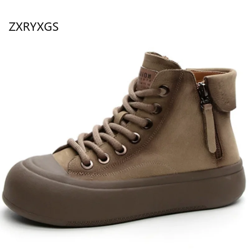 ZXRYXGS New Full Genuine Leather Boots Women's Sneaker Platform Heighten Shoes Trendy Boots Comfortable Warm Winter Boots 2026