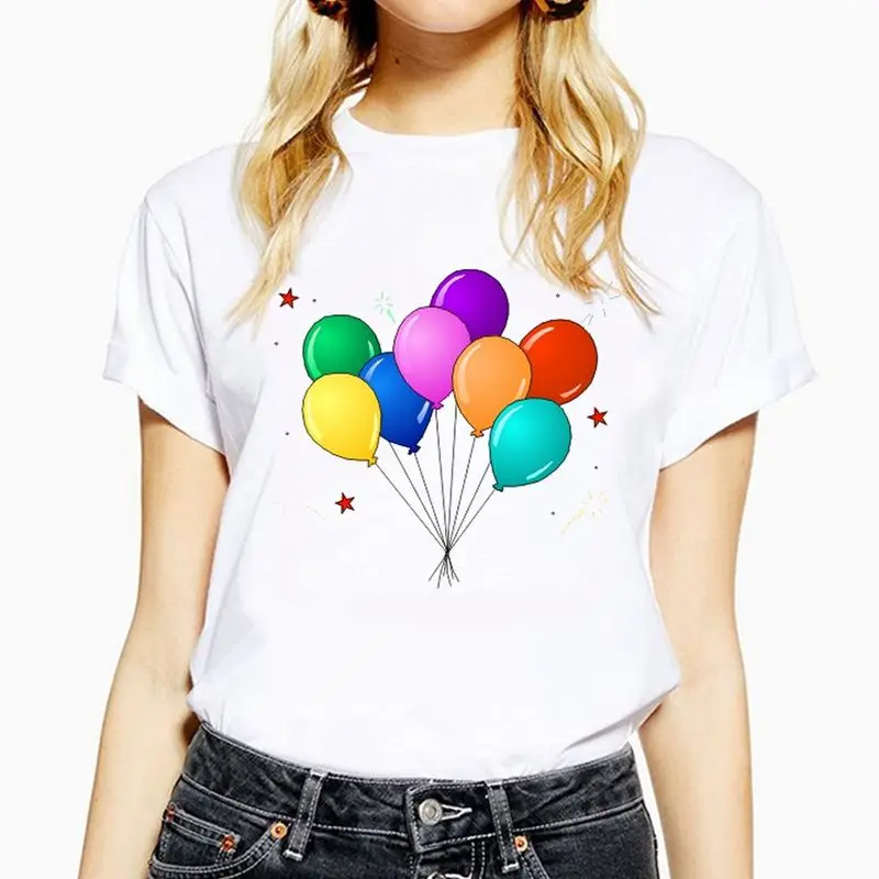 Ladies Kawaii Colorful balloon Print T shirt Women Casual Short Sleeve T-Shirts Multiple colors to choose from Tops Tees