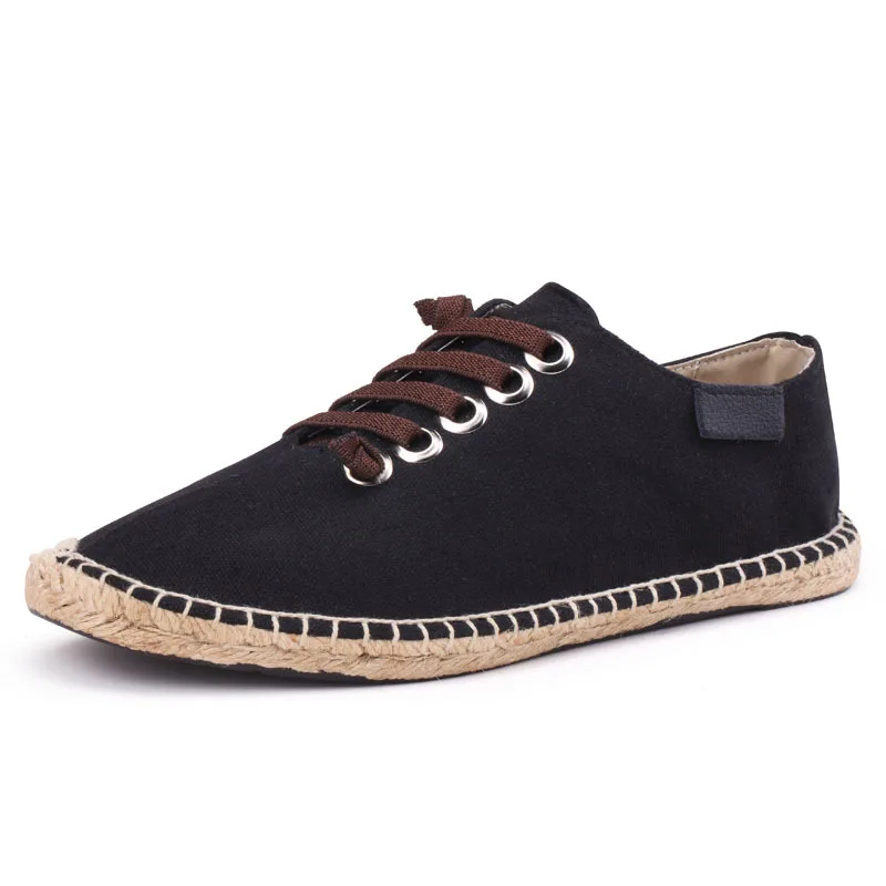 Zapatos de lona planos para hombre, calzado informal de cáñamo transpirable, calzado fresco para jóvenes, calzado de tela negro y azul de talla