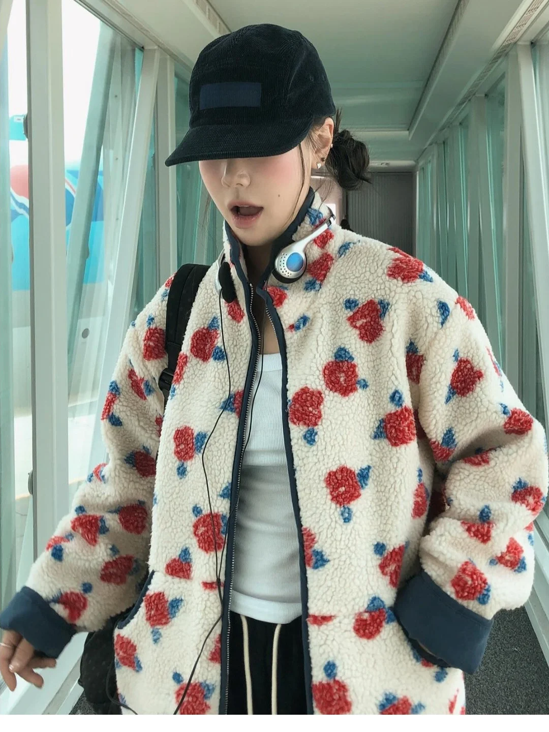 

Retro Rose Print Lamb Velvet Jaet Women Winter New Lazy Loose Anti-Aging Cute Outerwear Top Relax Fit Sle G2874