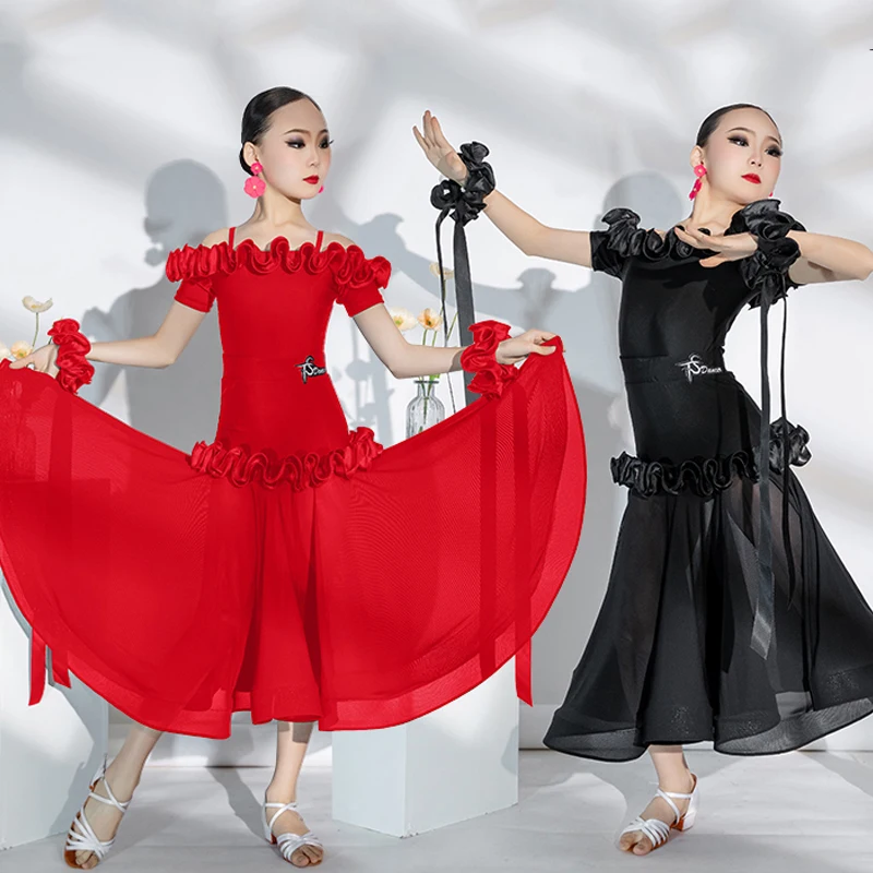 2024 Ballroom Dance Performance Clothes Girls Red Black Dress Women Fox-Trot Waltz Dance Costume Prom Competition Dress BL13824