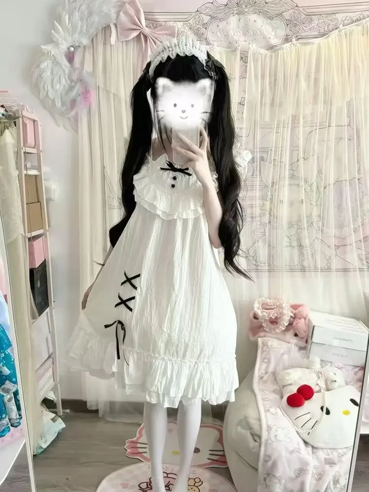 Kawaii فستان الدانتيل المرأة موضة لوليتا عادية القوس نفخة الأكمام الدانتيل فساتين حلوة صيف جديد اليابانية لوليتا وتتسابق 2025 جديد