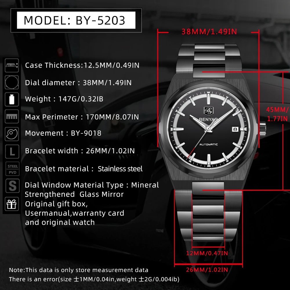 BENYAR 2024 New Luxury Fashion Men's Automatic Mechanical Watch Stainless Steel Sapphire BY5203 Waterproof Sports Reloj Hombre