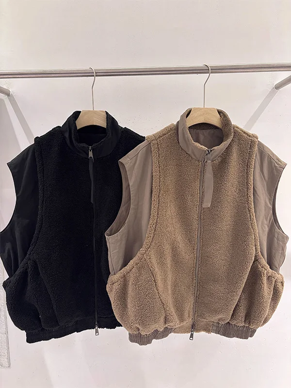 

Loose Fit Oversized Vest Autumn Winter Outerwear Fur Lined Svel Stand Collar Youth Faion Casual Zipper Decoration