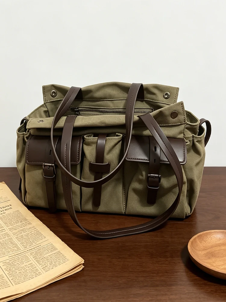 

Retro Canvas Tote Bag Military Green Large Capacity Multi-Pocket Women's Commuter Bag Stylish Korean Style Summer 2026
