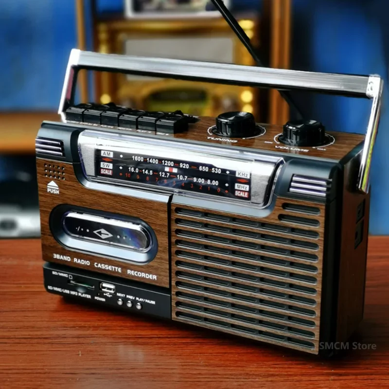 Portable Vintage Retro USB AM/FM/SW Multiband Radio Stereo Wireless Bluetooth Boombox Mp3 Audio Cassette Tape Player Recorder TF