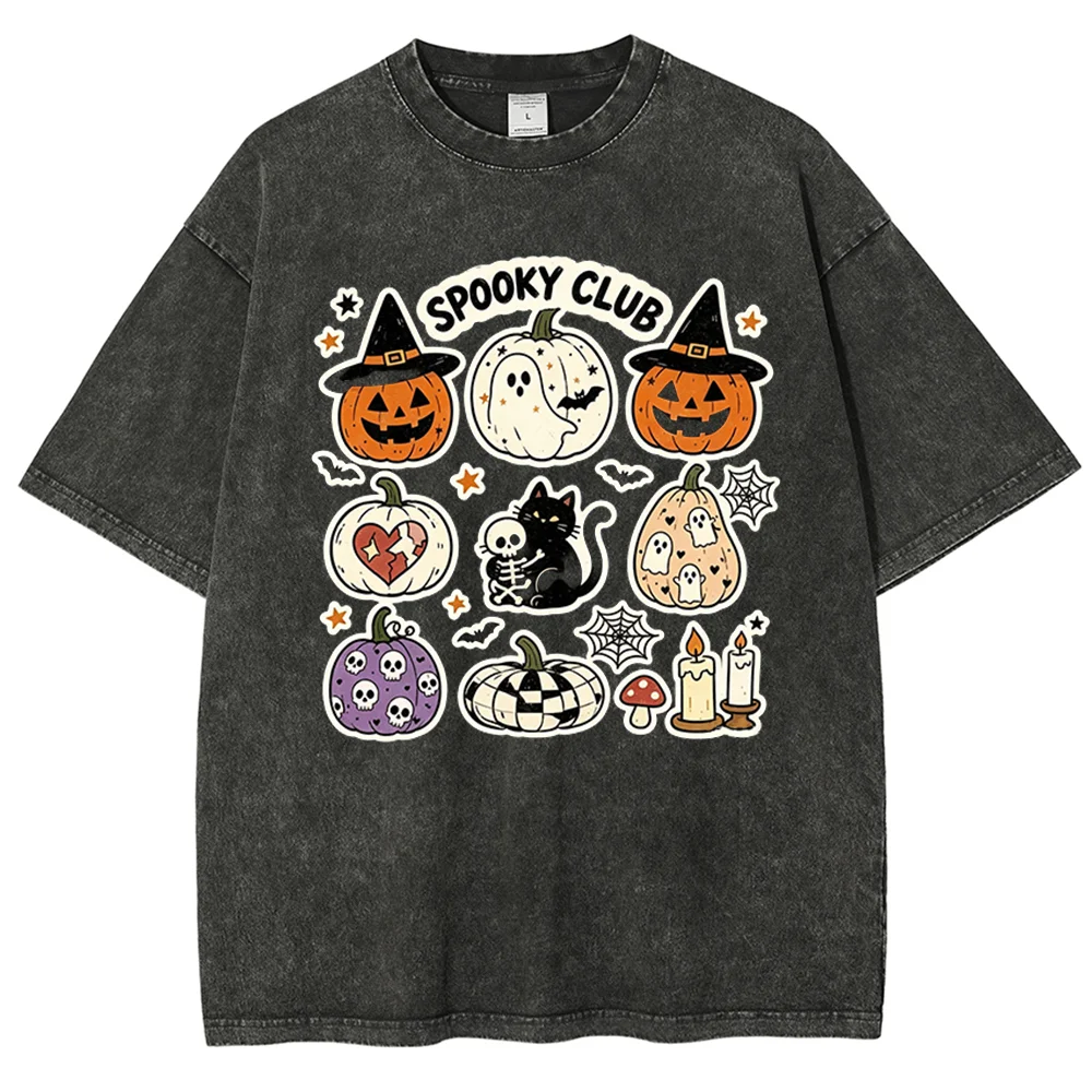 Vintage Washed Spooky Club Halloween Tee Pumpkin Ghost Black Cat Skeleton Graphic Unisex Top Spooky Season Streetwear Daily Wear