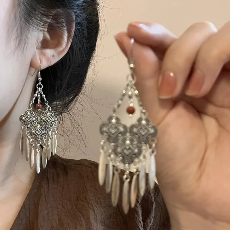 925 Silver Needle Ethnic Tibetan Silver Earrings Tassel Long Earrings Exaggerated Earrings Holiday Gifts