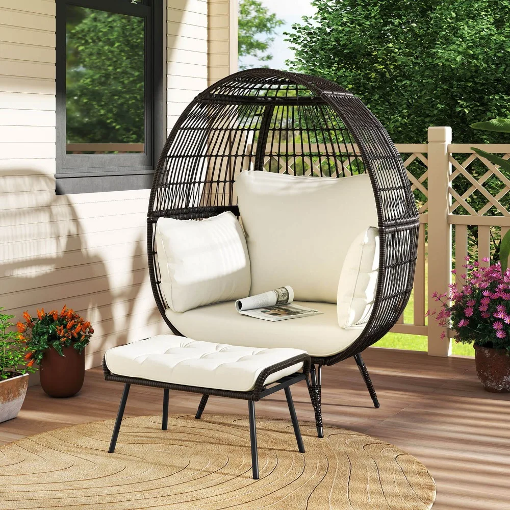

2 PCS Patio Wicker Lounge Basket Set Oversized Egg Chair w/ Soft Cushions