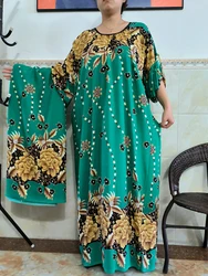 Abayas For Women Dubai 2023 Muslim Ramadan Print Floral Round Neck Loose African Kaftan Marocain Maxi Robe Femme With Big Scarf