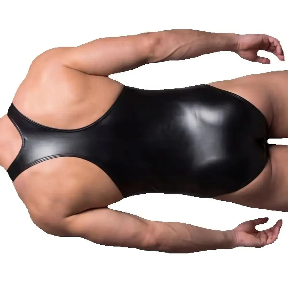 Men Black Shiny PU Leather One Piece Bodysuit Sleeveless U Neck Tank Leotard Elastic Tight Gym Workout Shapewear Swimwear M-4XL