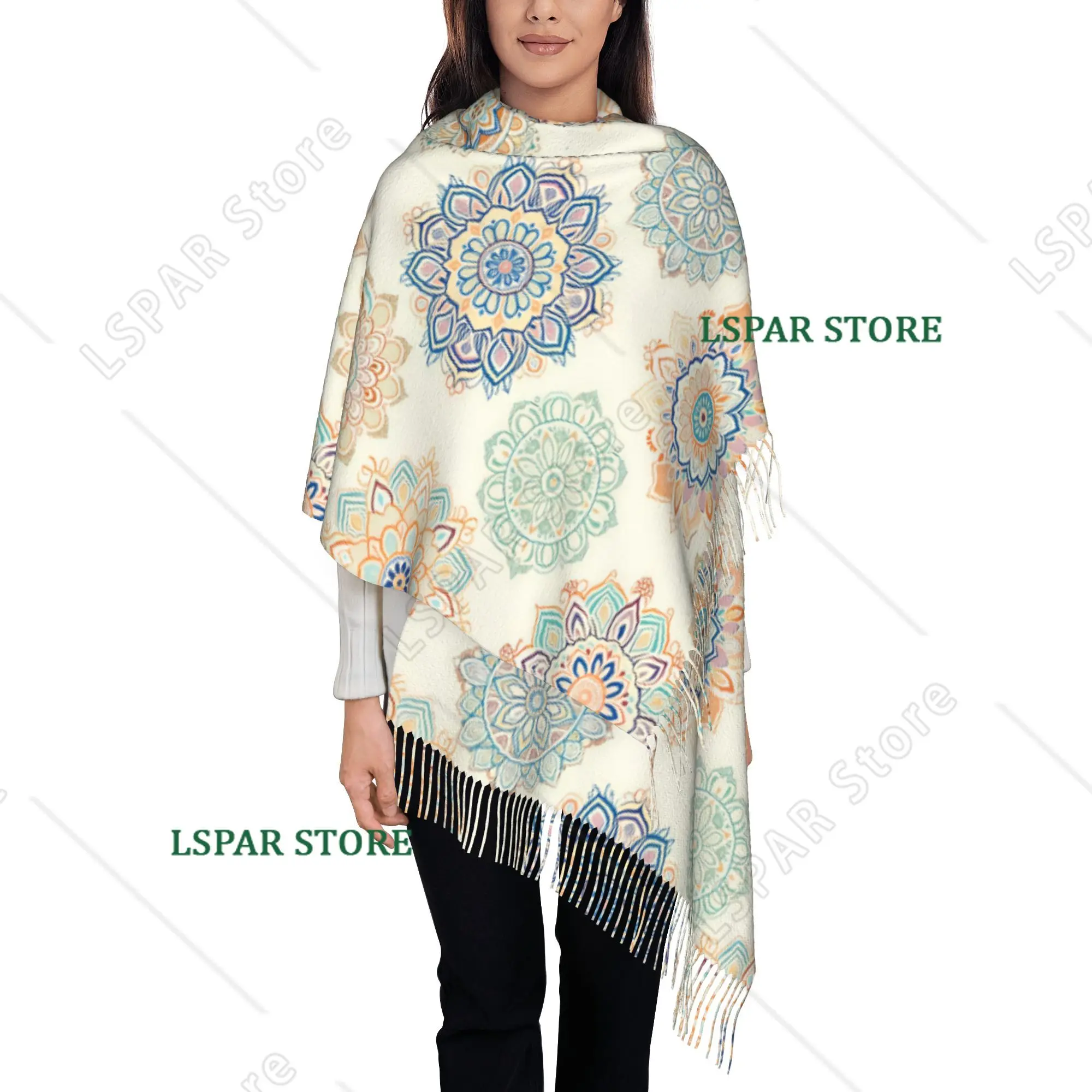 Custom Colorful Ethnic Mandala Print Tassel Scarf Women Winter Fall Warm Shawl Wrap Female  Scarves