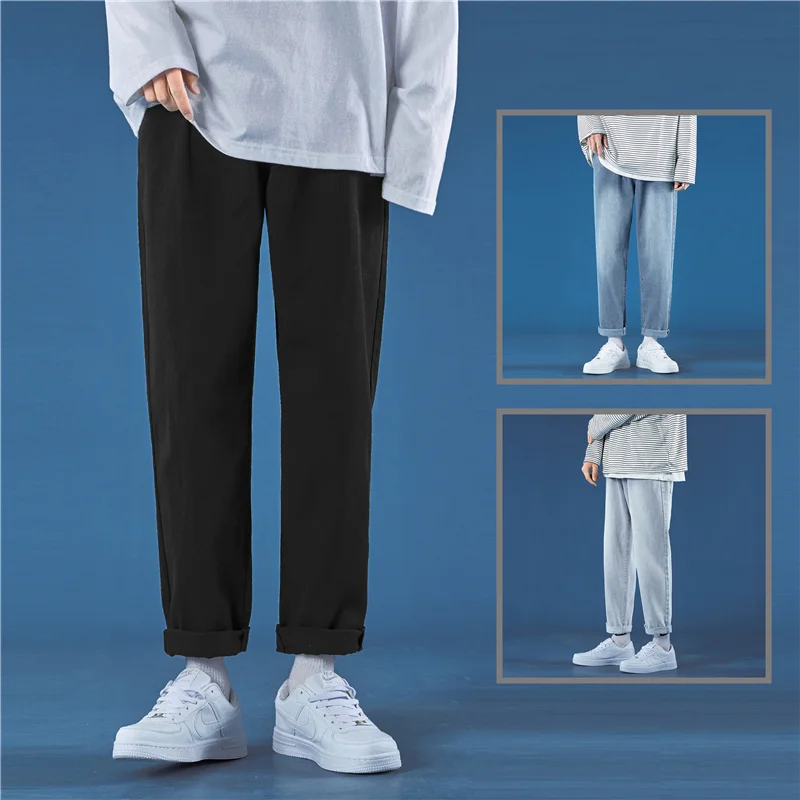 

Летние новые мужские джинсы в корейском стиле, модные прямые брюки длиной до щиколотки, свободные широкие брюки в стиле BF Hong Kong