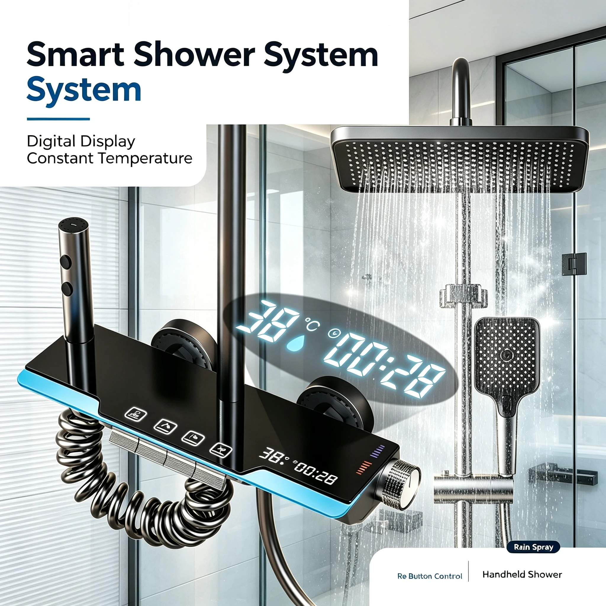 Graues Klaviertasten-Badezimmer-Duscharmatur-Set mit Mehrfach-Wassersprühmodi, Duschsystem mit 4 Funktionstypen und Digitalanzeige