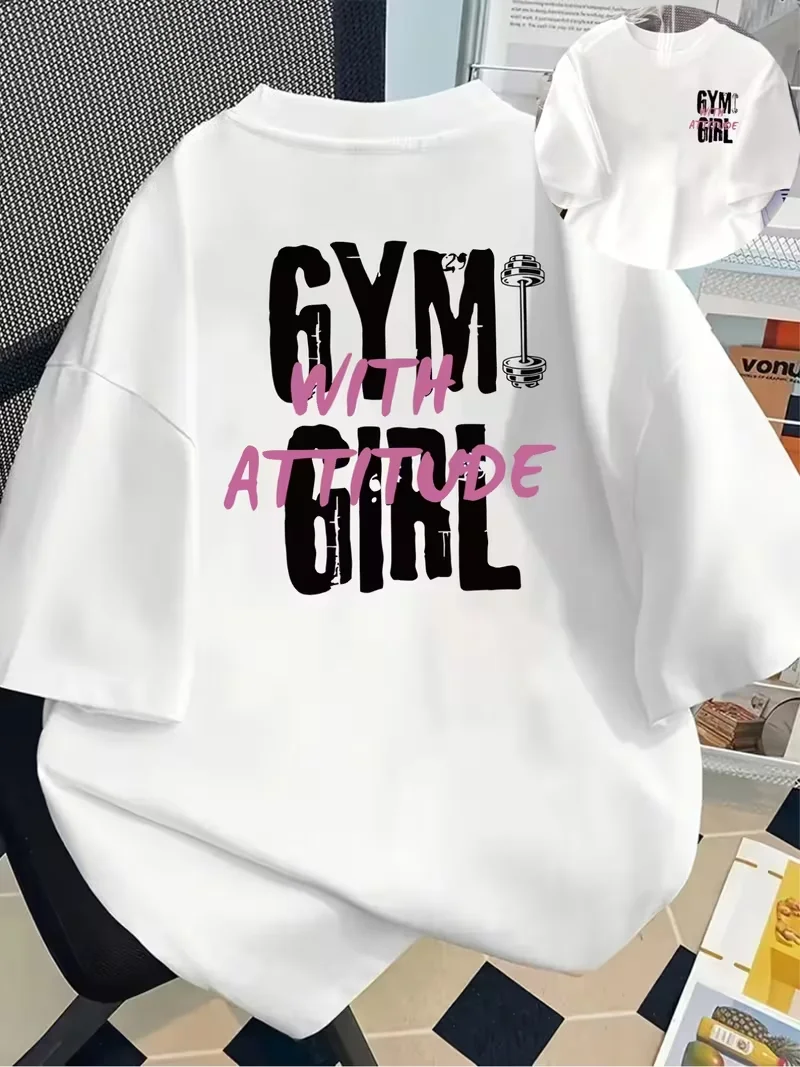 Camiseta con estampado Fitness, Attitude, camiseta informal de manga corta con cuello redondo de doble cara para verano y primavera, ropa de calle diaria para mujer