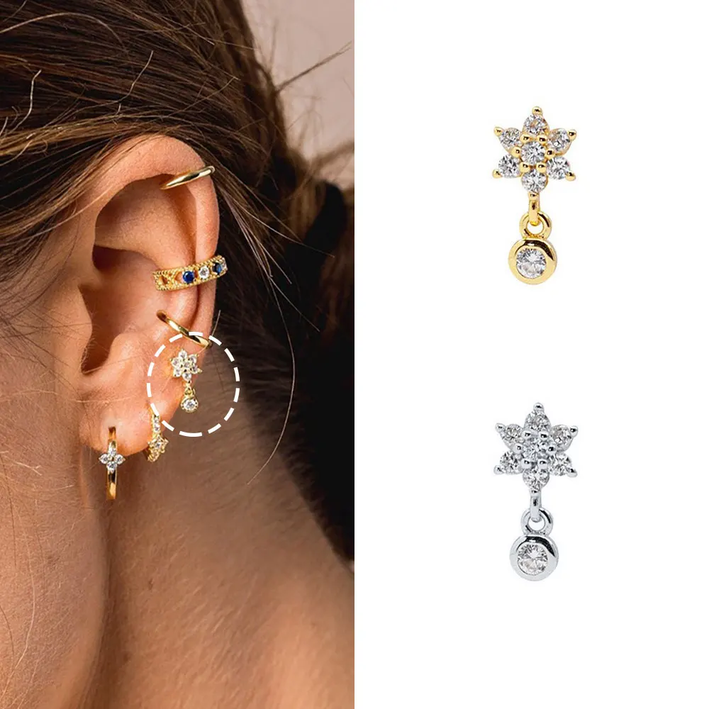 Pendiente con pasador para Piercing en la oreja, hélice, lóbulo, Tragus, flor de circón, pendiente de gota, cartílago, tabique, Piercing en la oreja para mujer, regalo de joyería de moda