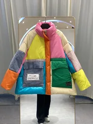 Jaqueta jeans oversize emendada para mulheres, bolsos grandes, casaco de inverno, zíper, retalhos, jaqueta puffer, à prova de vento, grossa, alta qualidade