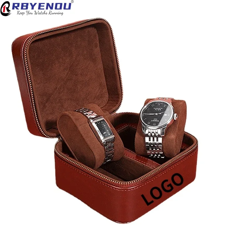 PU Portable Flip Buckskin Velvet Zipper Watch Case 2 Slots Large Watch Pillow Jewelry Display Gift Storage Box Customizable Logo