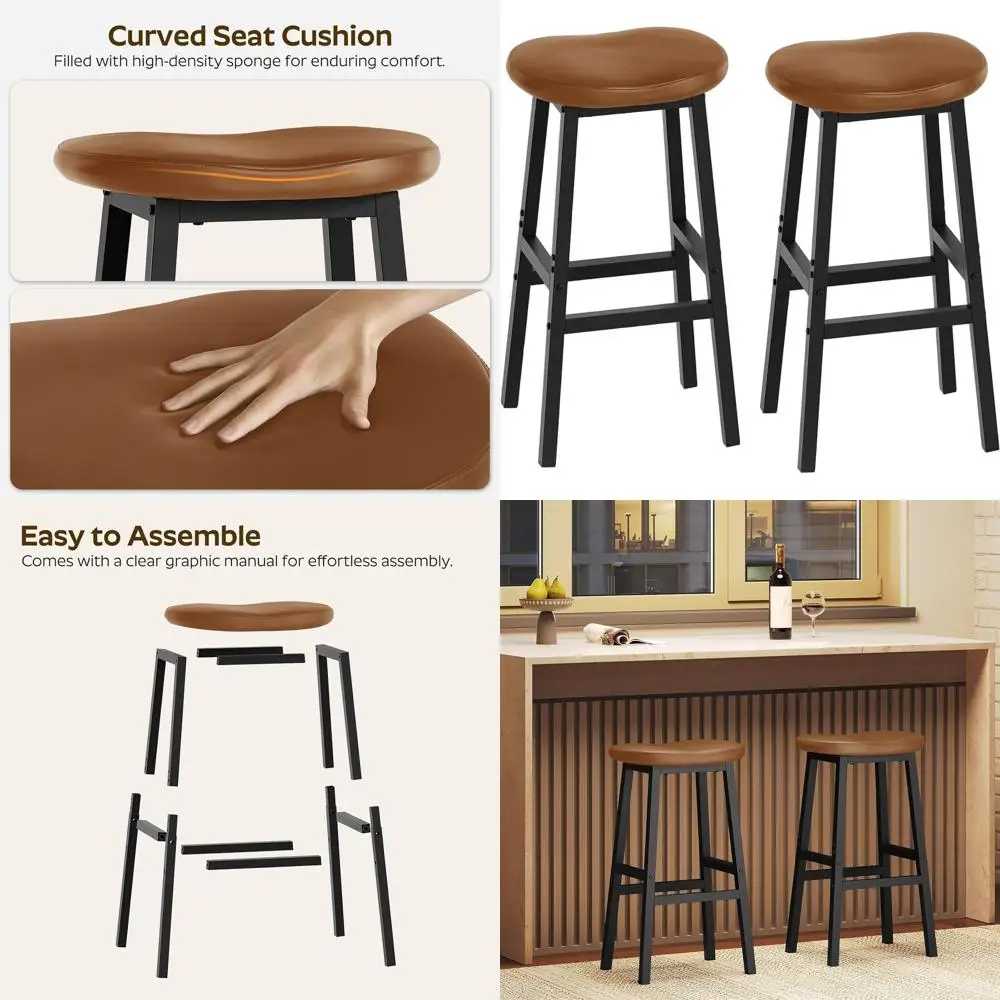 Pair of Saddle-Style Bar Stools, Brown & Black, Curved Design, Counter Height with Footrests, Ideal for Kitchen Islands, Dining