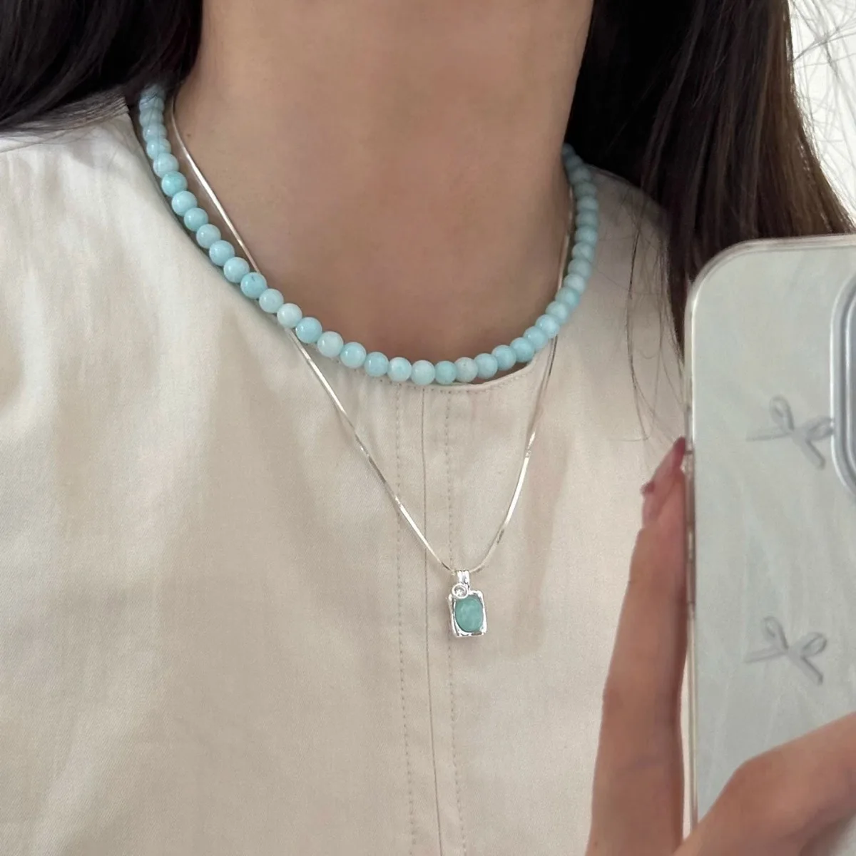 925 Sterling Silver Necklace Blue Green Square Simple Punk Geometric Elegant for Women Girl Jewelry Gift Dropshipping Wholesale
