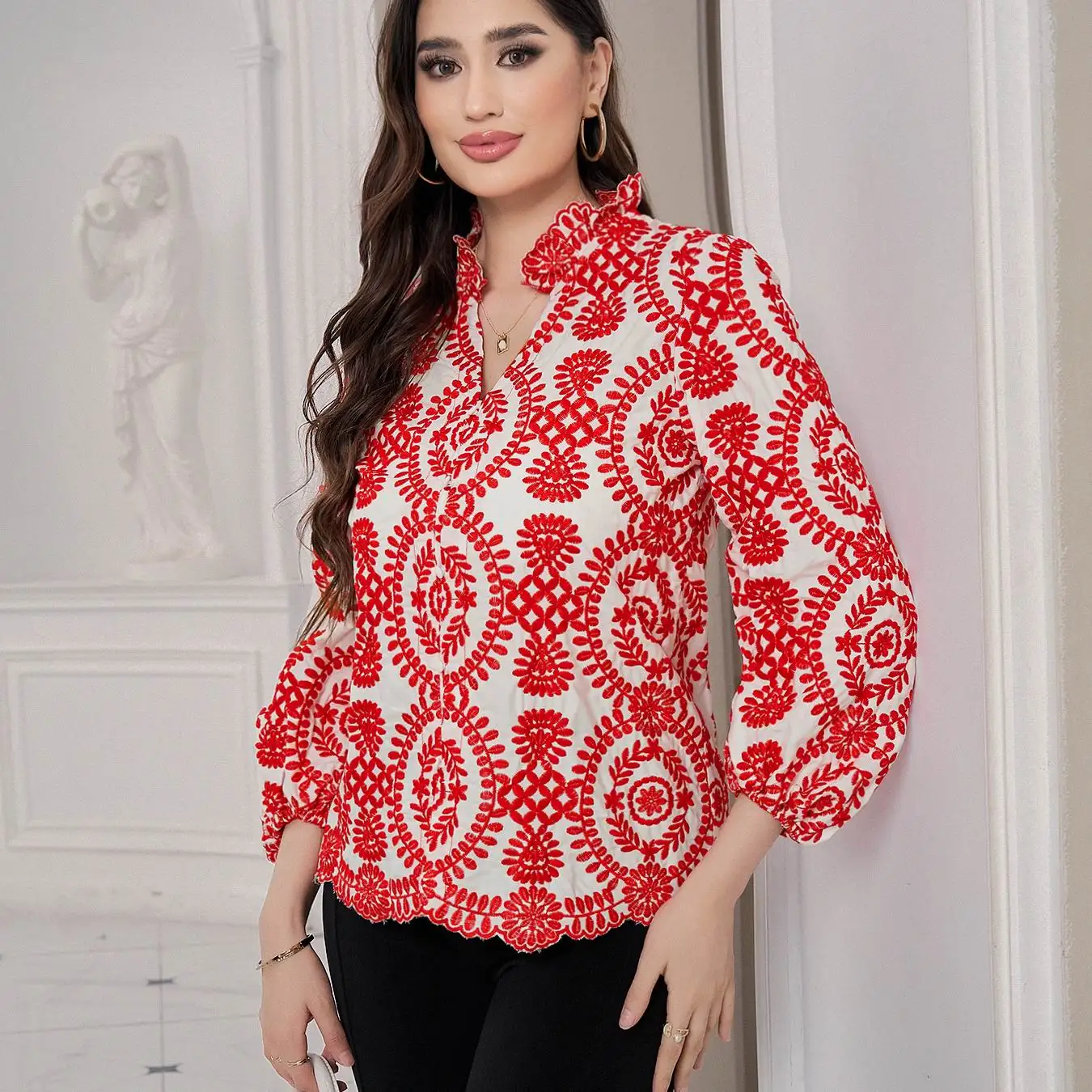 

Embroidered Blouse Women 2023 New Fashion Long Sleeve Blusas Fitted Clothing Female Shirt Slim Lady Top Wears