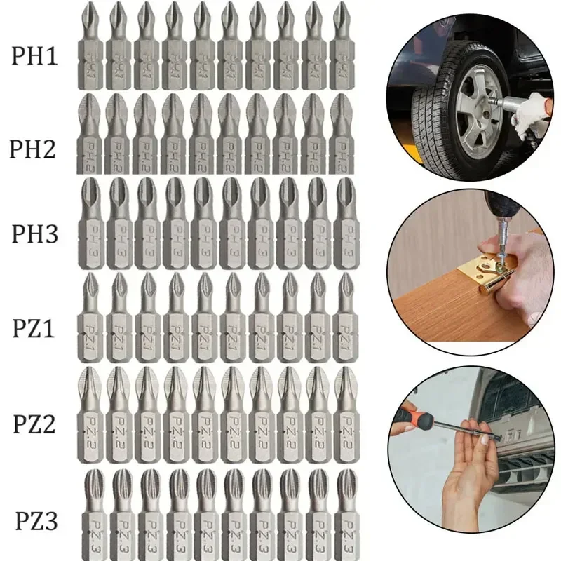 10Pcs 25mm PZ1/PZ2/PZ3/PH1/PH2/ PH3 Phillips Hex Bit Set Shanked Mini Anti Slip Screwdriver Bits for Drill Batch Head