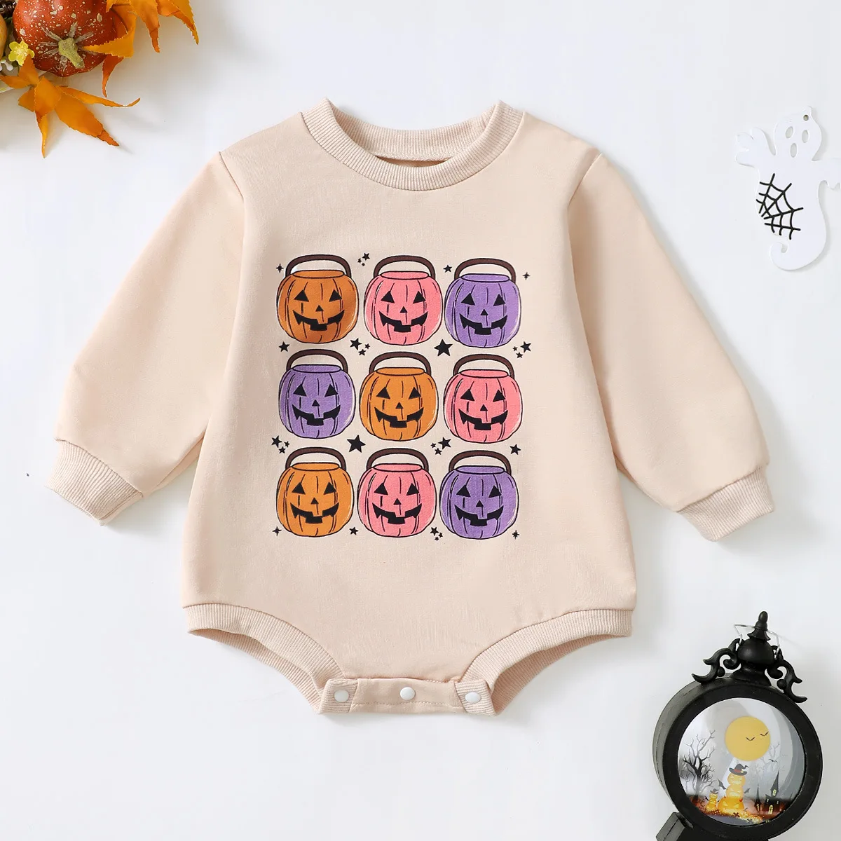 Infant Baby Boy Girl Halloween Outfit Ghost Print Long Sleeve Sweatshirt Bubble Romper Oversized Sweater Fall Winter Clothes