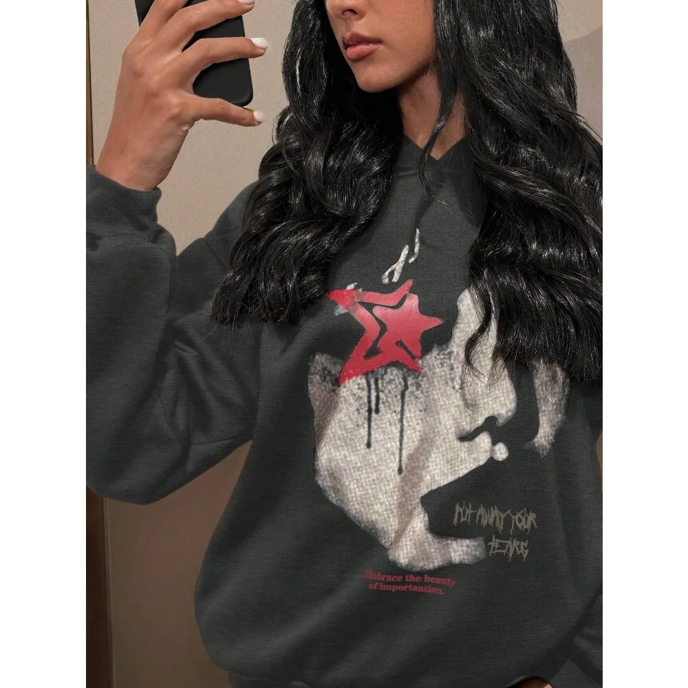 Autumn and Winter Women\'s Hooded Sweatshirt Pure Cotton Luxury Brand Slogan Character Printed Oversized Street Jumper Blackpink