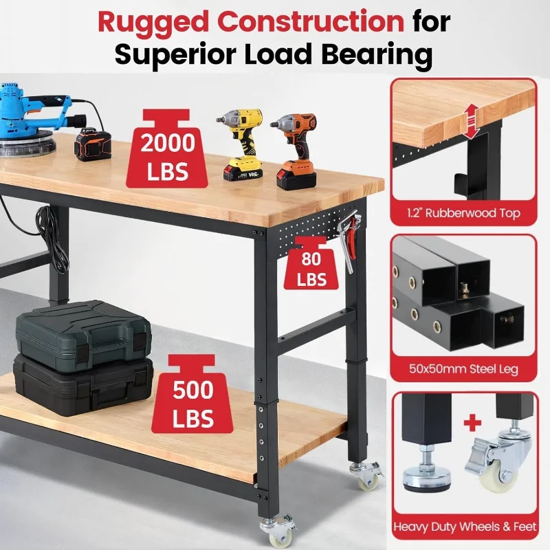 Workbench for Garage with Wheels 60 x 22 Inch Heavy Duty Rubberwood Tabletop Work Table with Under Table Shelf, Pegboard