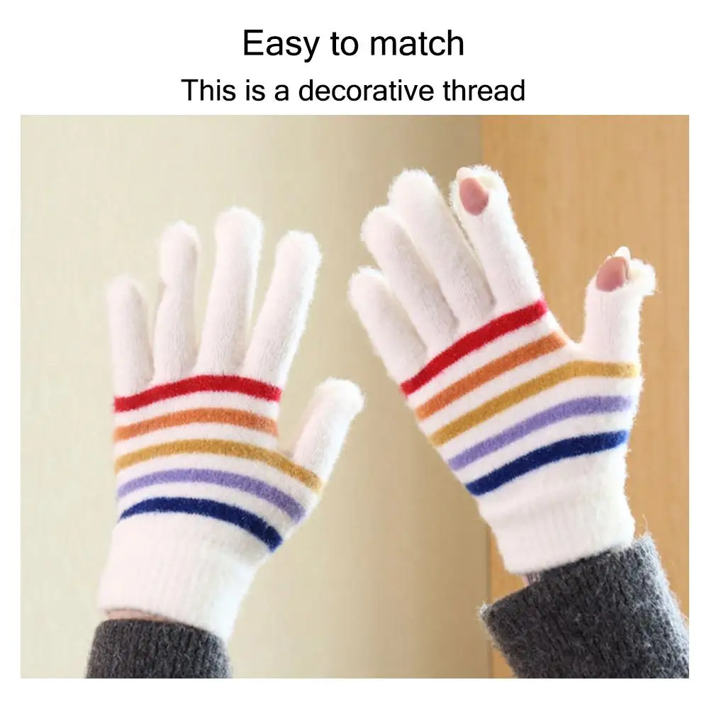 Новые вязаные перчатки в радужную полоску с небольшими отверстиями на пальцах, студенческие перчатки унисекс, зимние теплые перчатки с сенсорным экраном